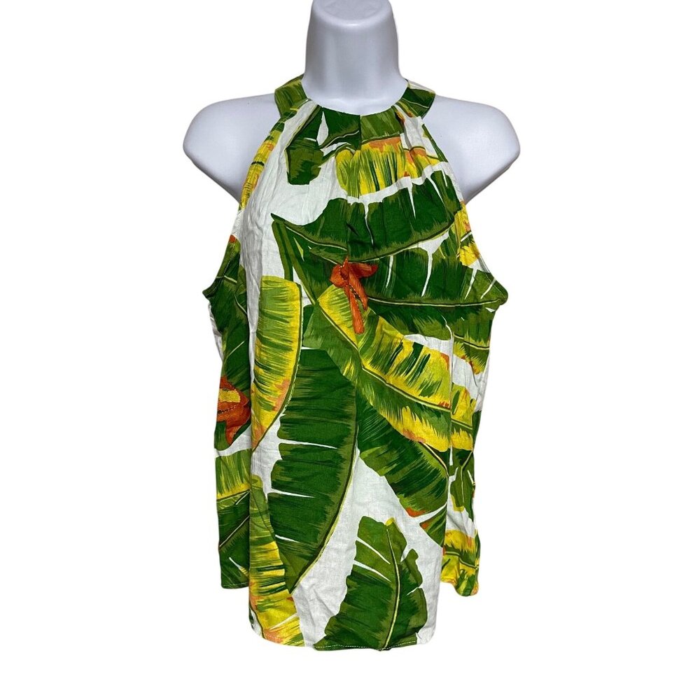 Cynthia Rowley Tropical Banana Leaf Halter Top Womens XS Linen Blend Green Orang